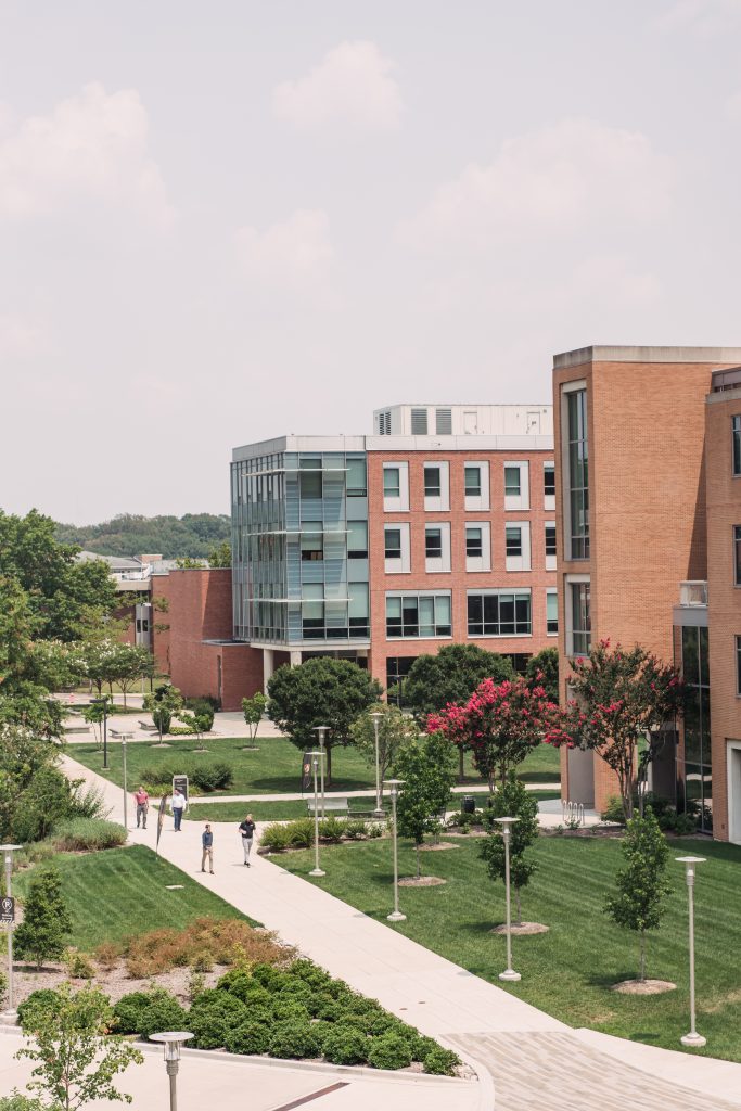 High-up shot of UMBC's Public Policy and Physics buildings