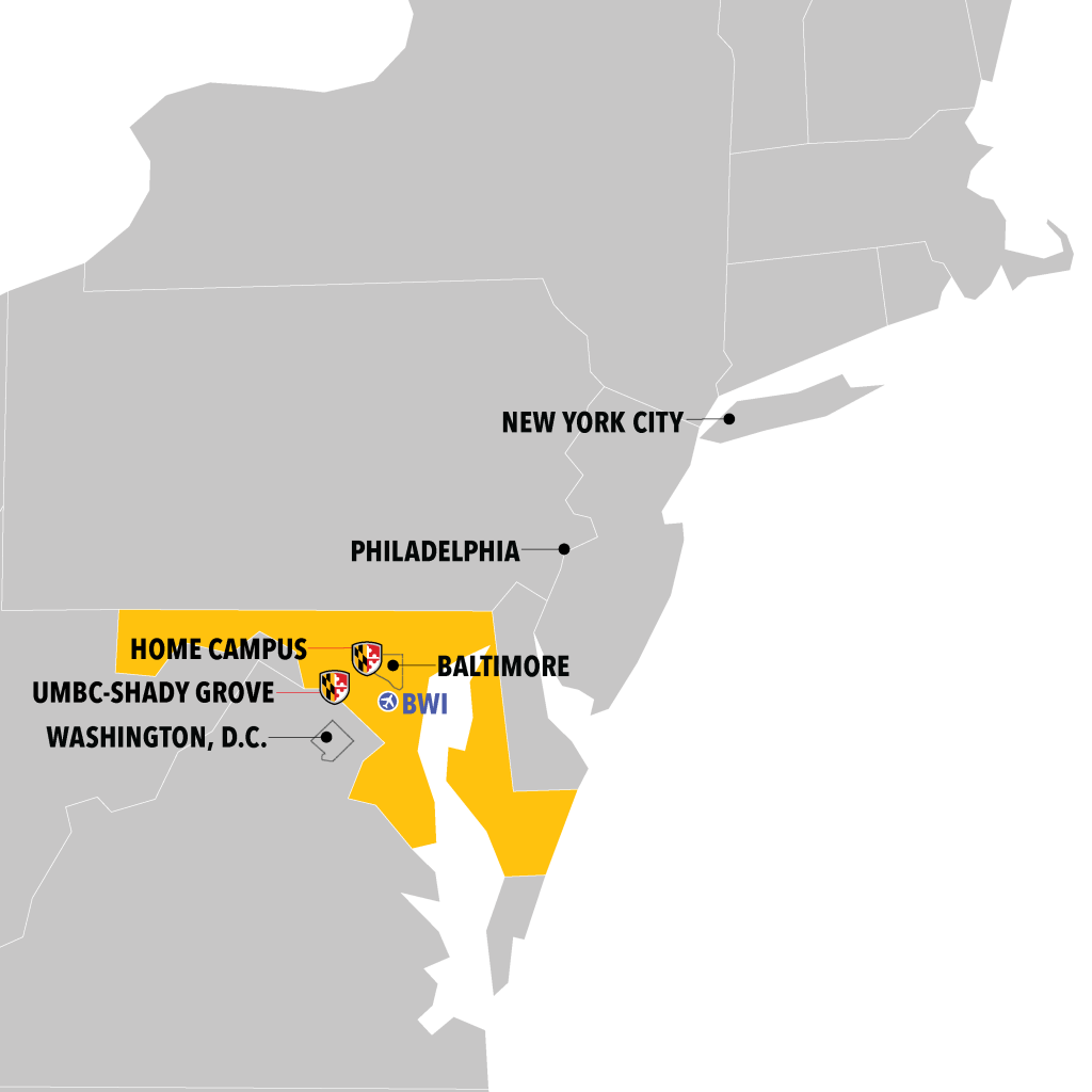 Map of UMBC in relation to Baltimore, BWI, Washington, D.C., Philadelphia, and New York
