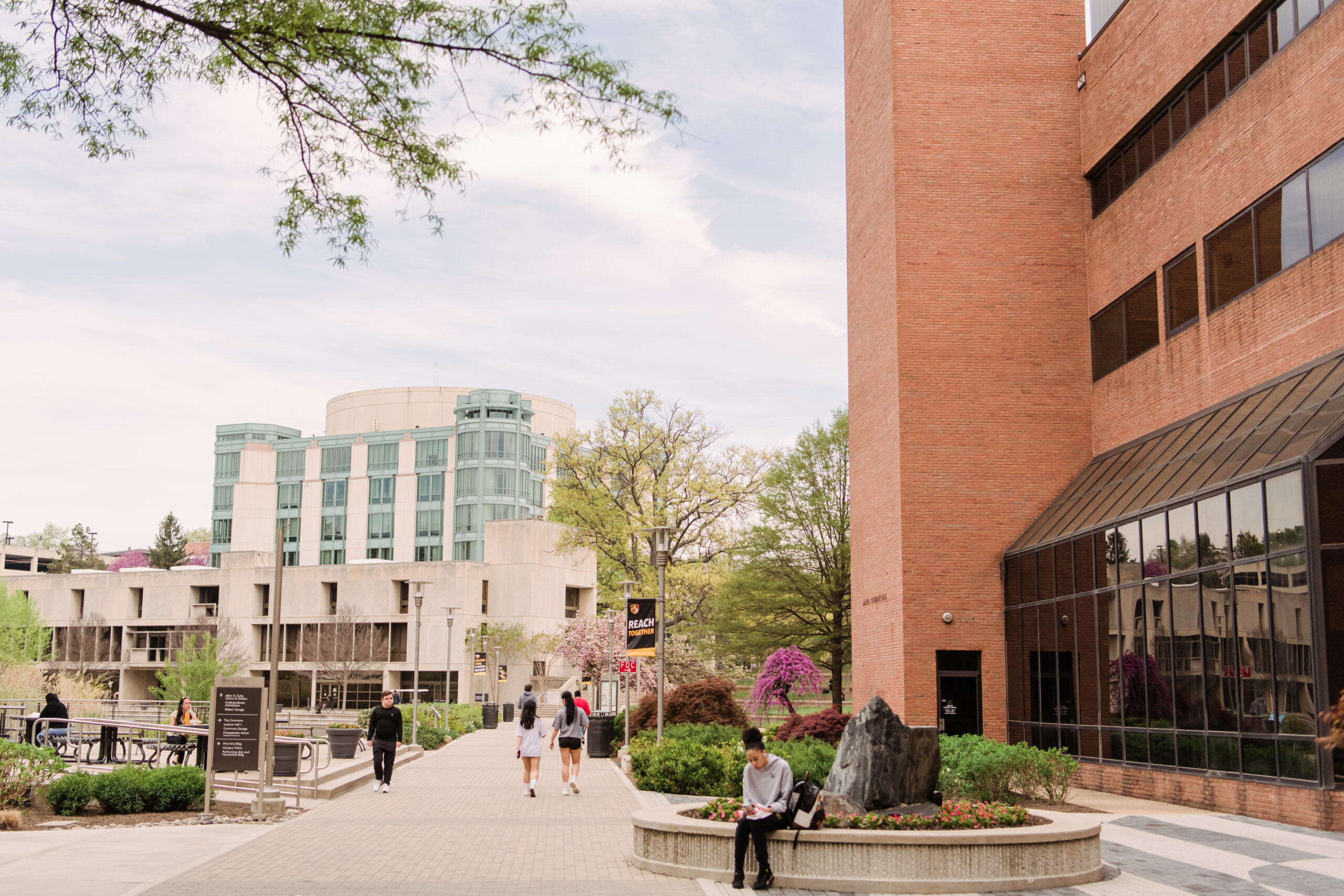 View of UMBC's campus from the perspective of walking toward the library.